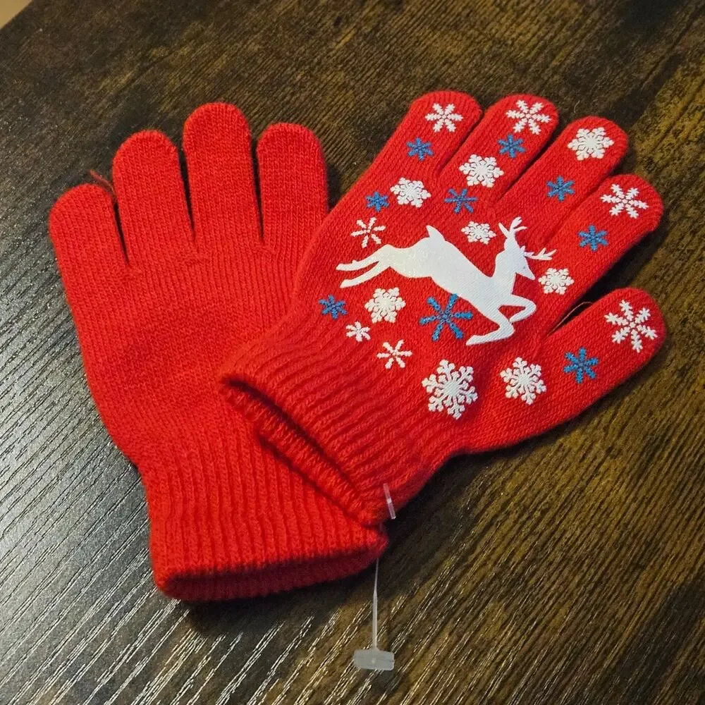 Boutique Bright Red Kids Winter Gloves w/ White Reindeer & Snowflake Design